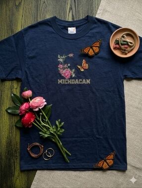 Endur XL Michoacan Mexico Unisex T-Shirt Navy Blue Rose‎ Butterfly Cross-Stitch